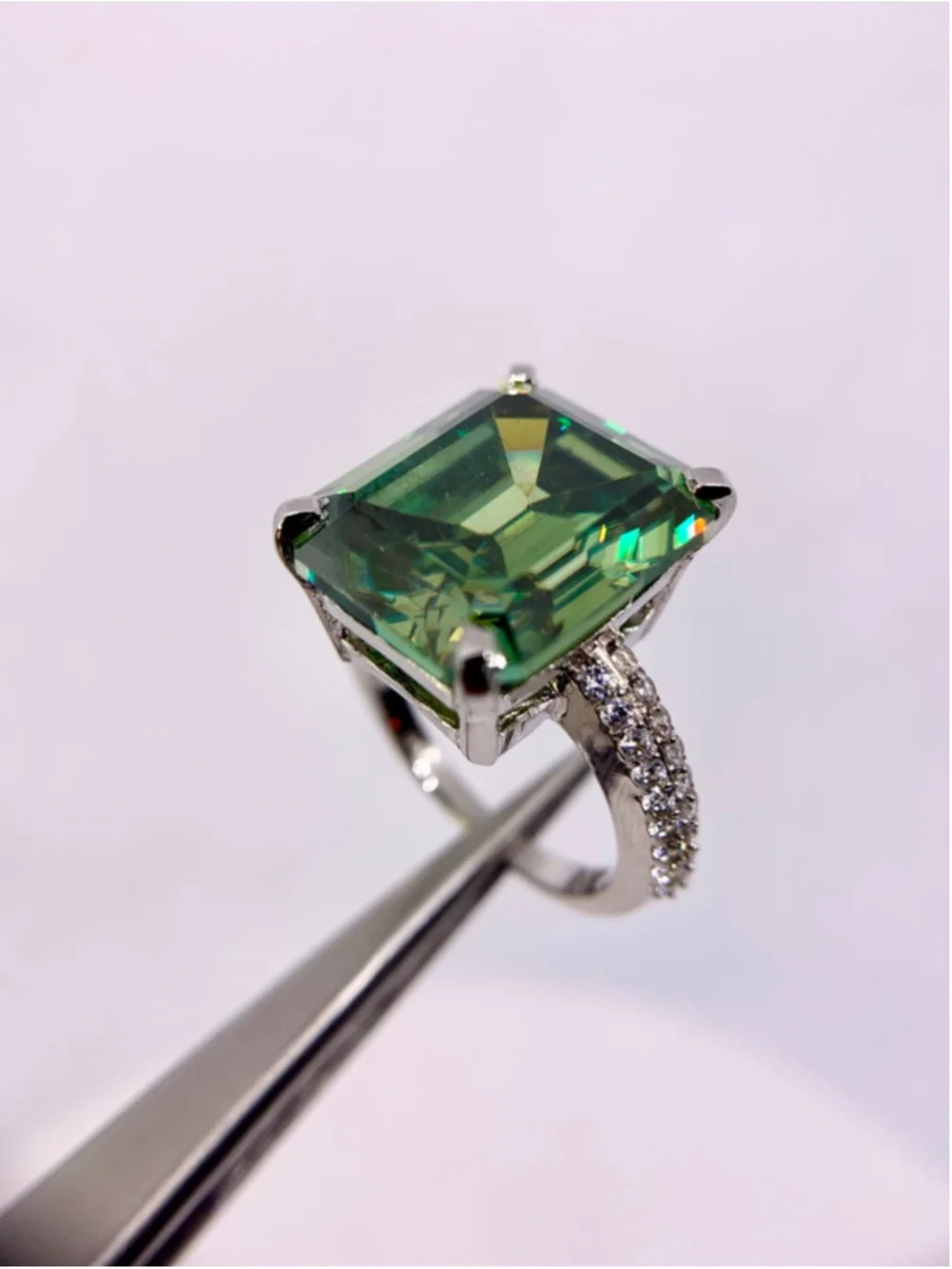 Emerald Cut Moissanite Ring Vivid Blue Green 925 10 Ct - Picture 10 of 10